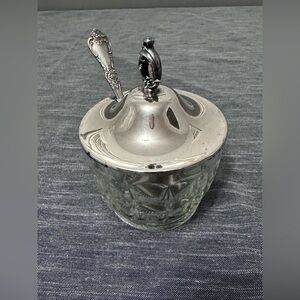 Vintage Cut Glass & Silver Plated Lid Condiment Sugar Dish with Spoon